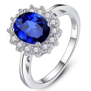 Princess Diana / Princess Kate Genuine Lab Sapphire Ring Set in Sterling Silver